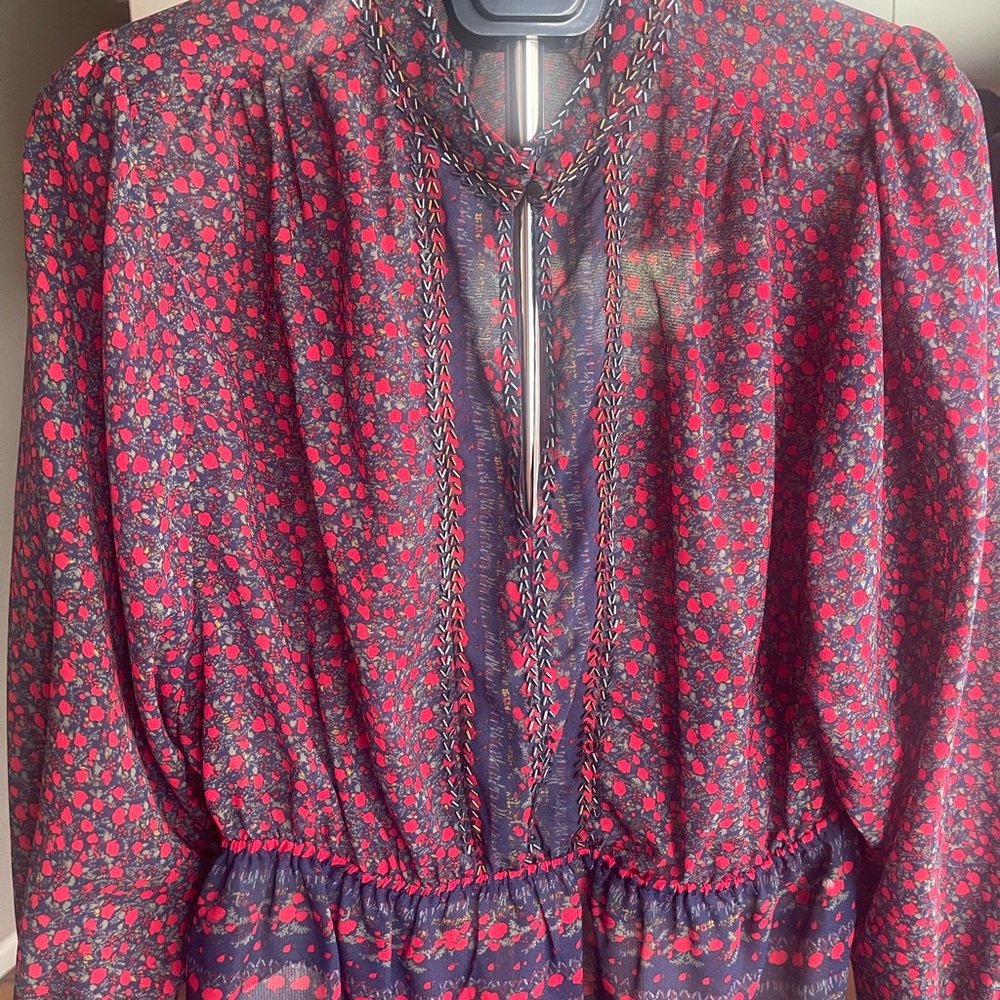 Free People Floral Red and Blue Blouse